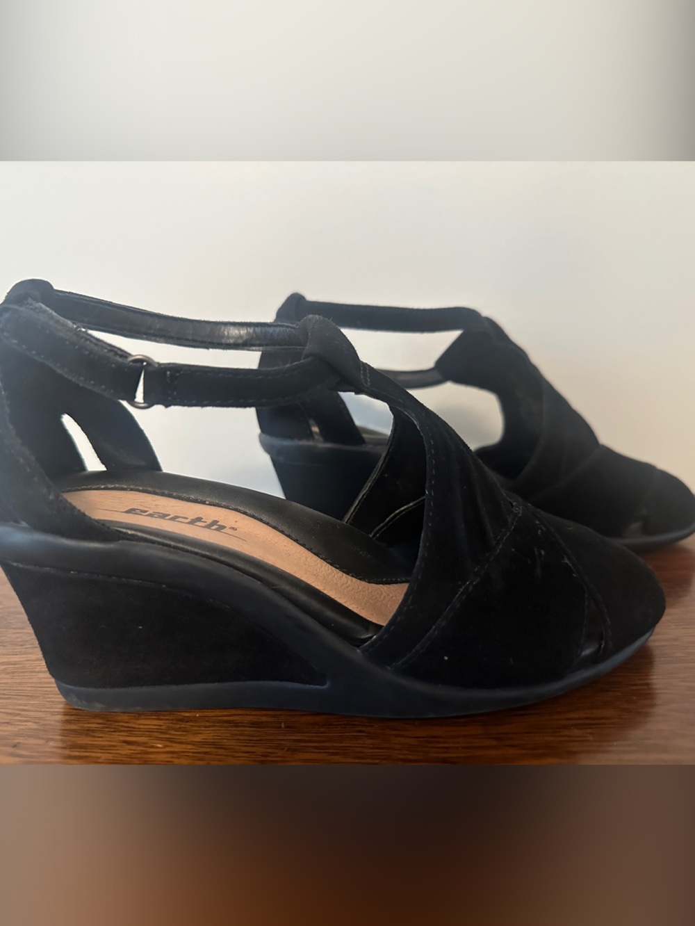 Earth Black Suede Wedge Sandals with Ankle Strap
